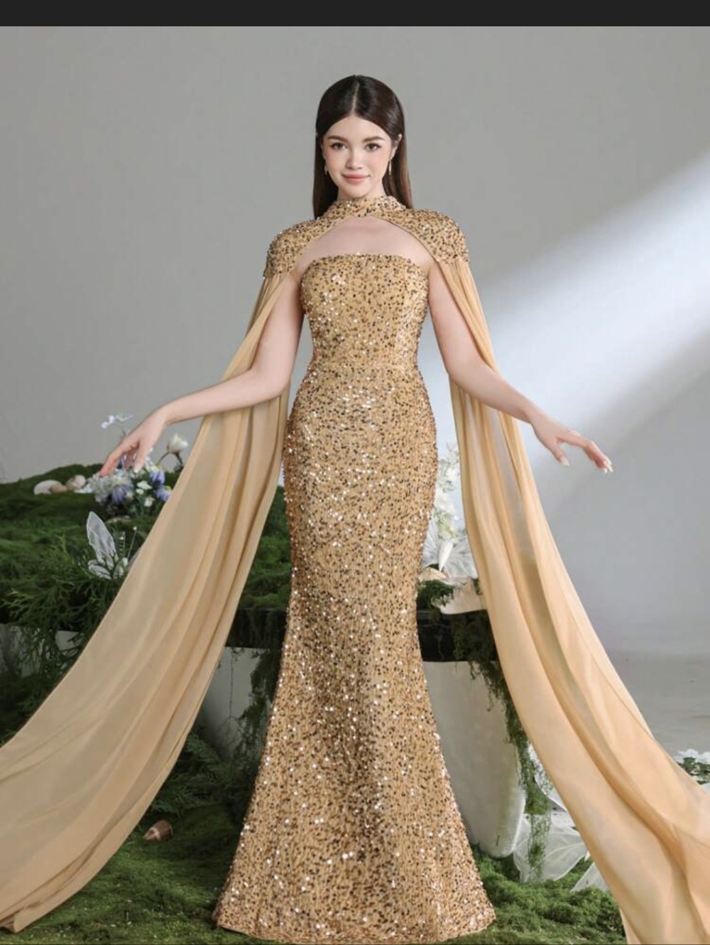 Faeriesty Gold Sequin Strapless Maxi Gown with Draped Cape 2 piece
